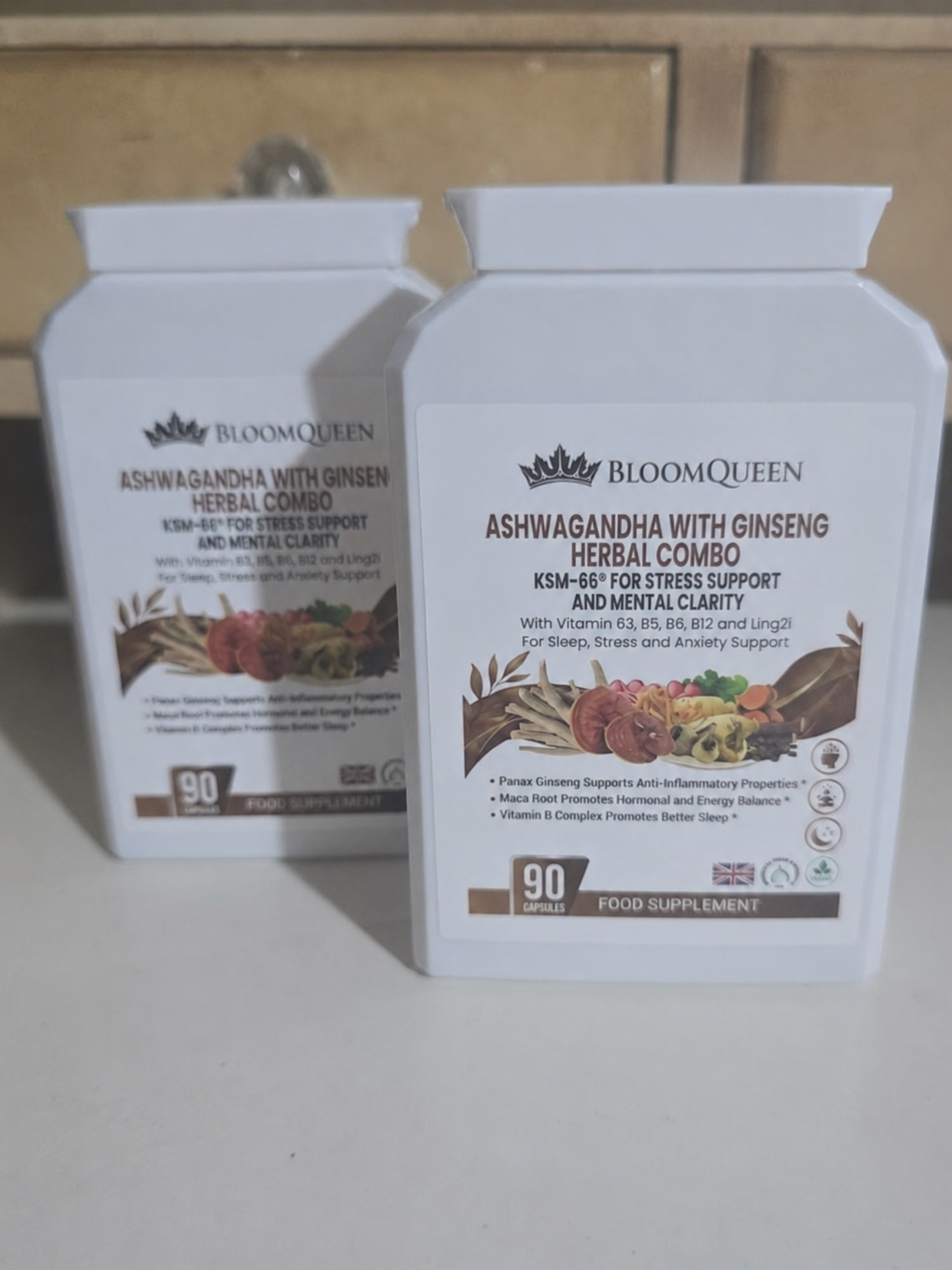 Two bottles of BloomQueen Ashwagandha side by side
