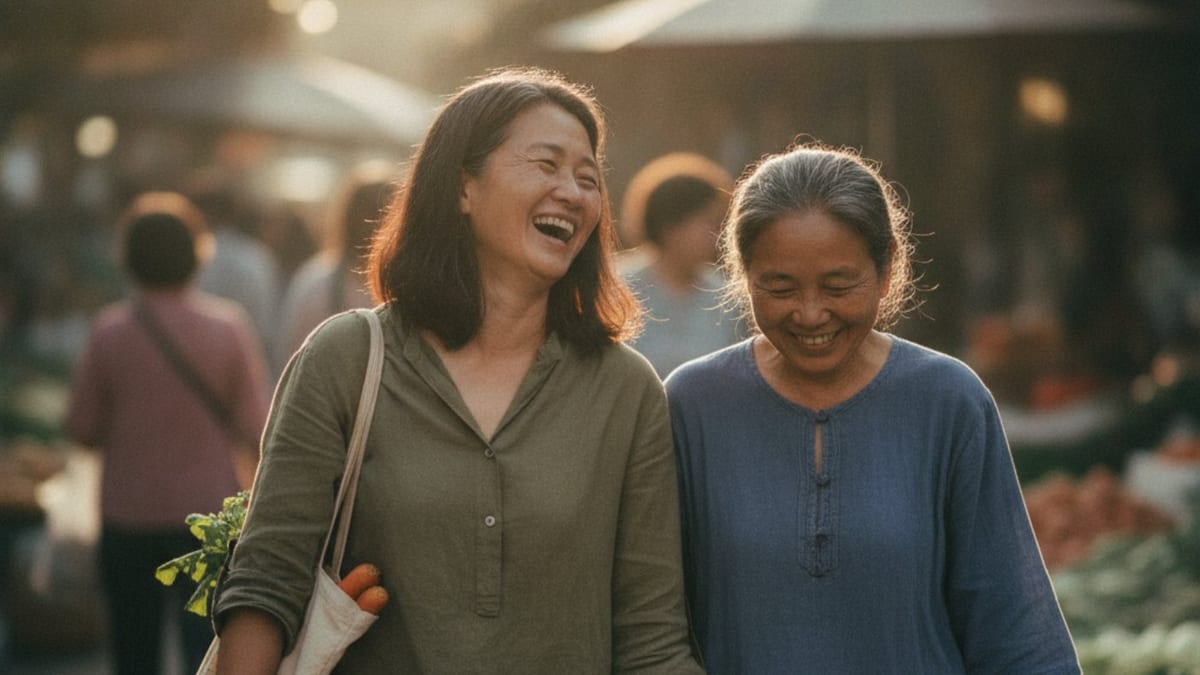 Two women laughing together at an outdoor market