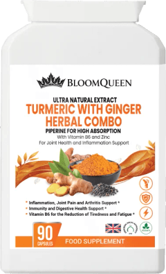 The front of the BloomQueen Turmeric with Ginger Herbal Combo bottle