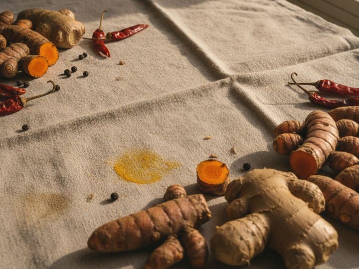Fresh turmeric root, ground turmeric and whole chillies laid out on linen