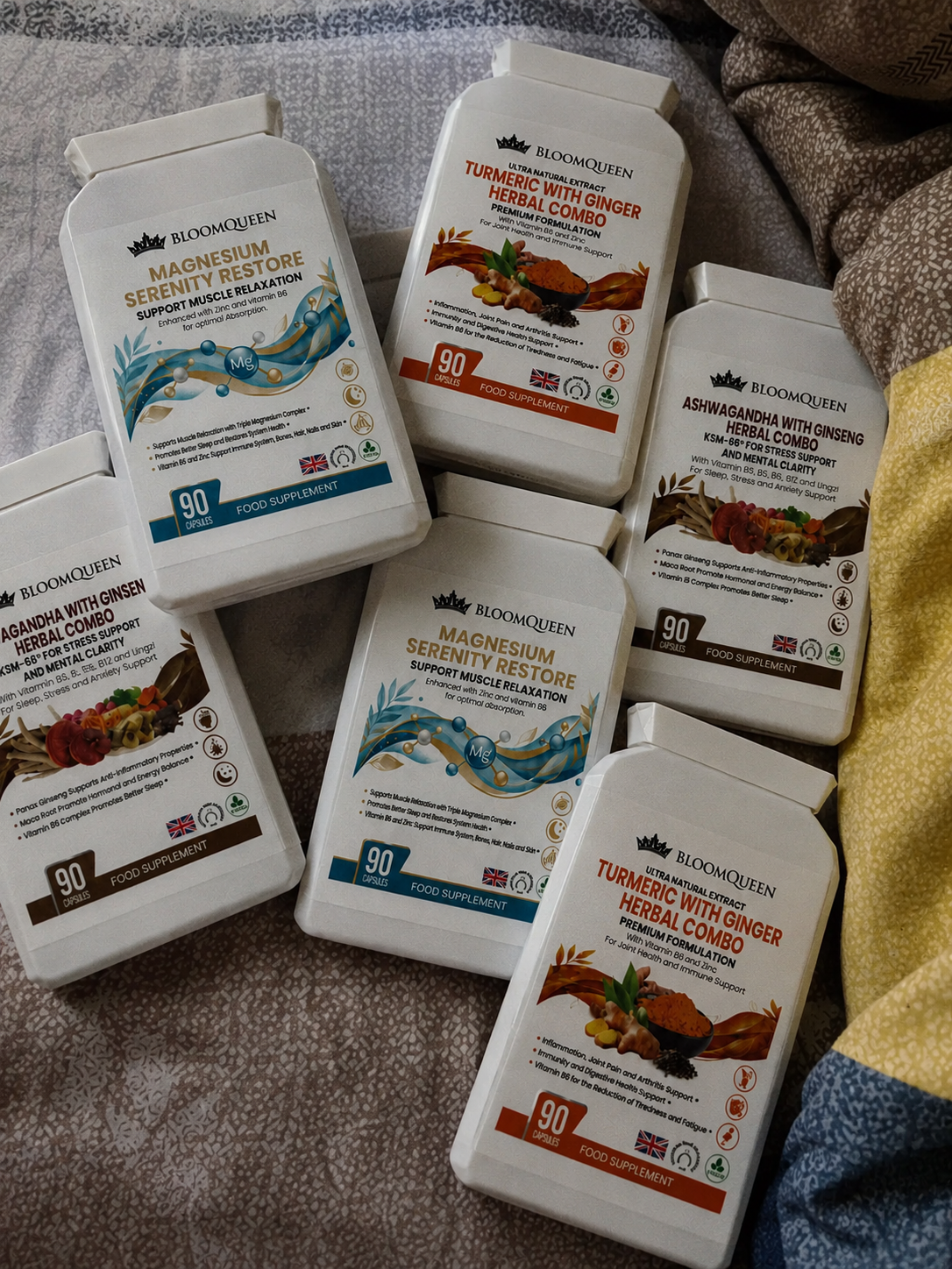 BloomQueen Recovery Bundle — three supplement bottles nested in an open leather tote bag