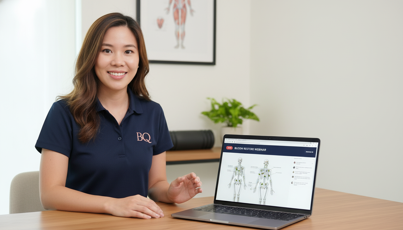 Bloom Restore Webinar interface on a laptop showing kinetic chain assessment