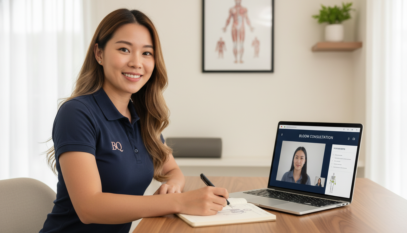 Bloom Consultation 1-on-1 video call interface on a laptop with posture notes panel