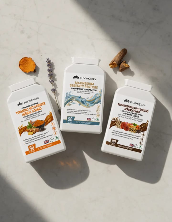 The three BloomQueen bottles photographed from above with turmeric root and spices