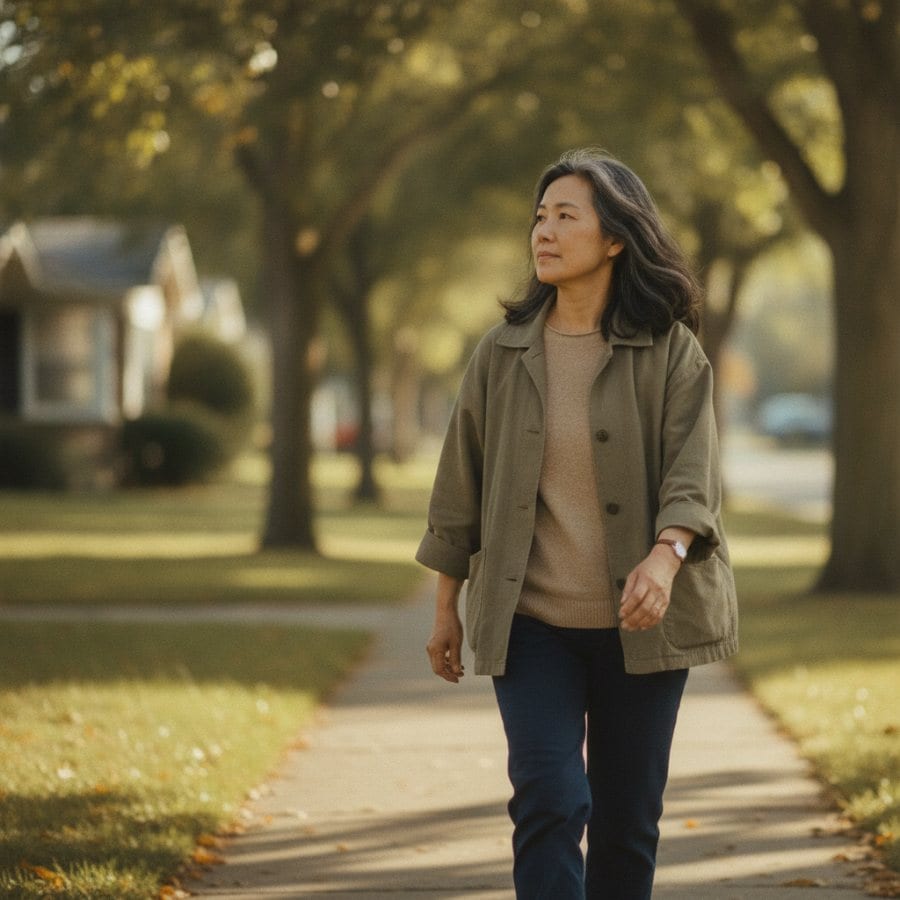 A woman walking on a tree-lined street on an ordinary morning