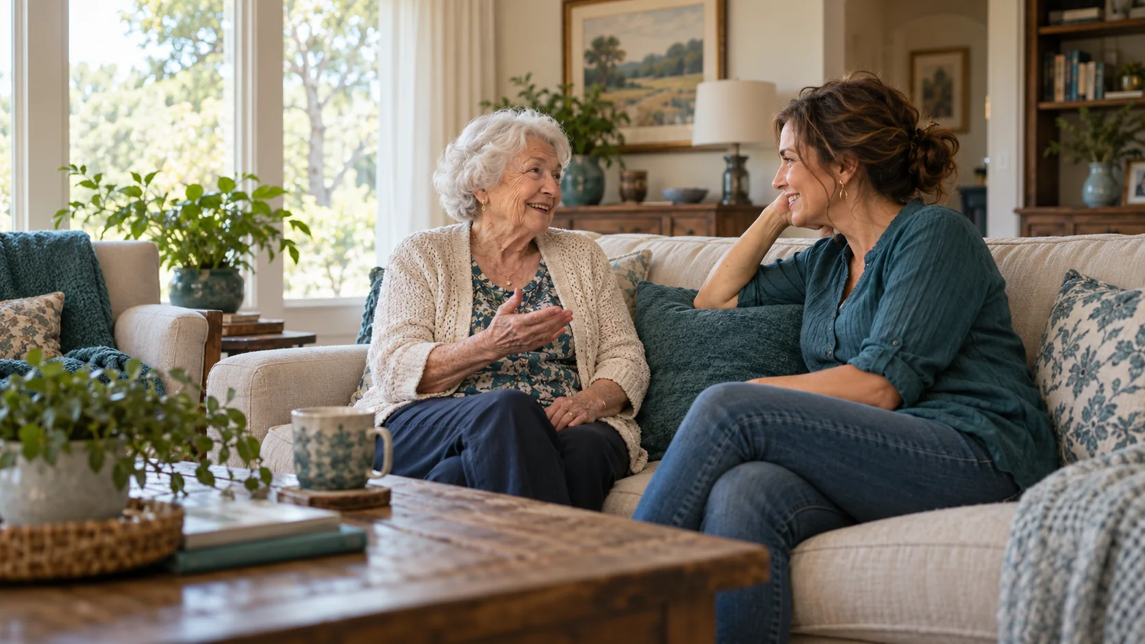 An older woman enjoying a conversation with her caregiver at home