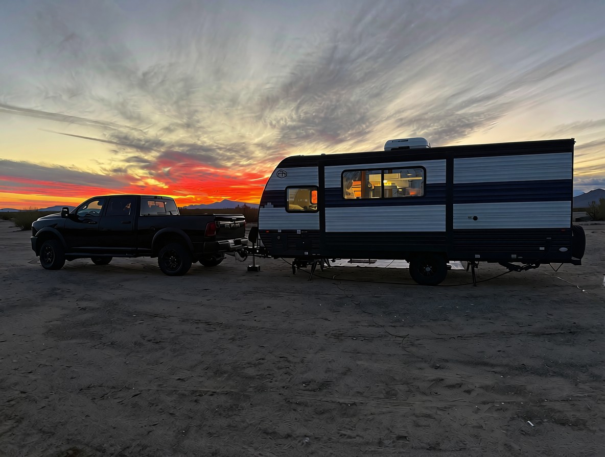 Trevor and Bridgett's travel trailer at sunset