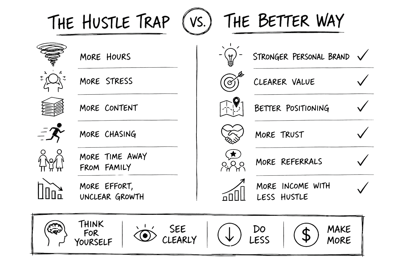 The Hustle Trap vs The Better Way: think for yourself, see clearly, do less, make more