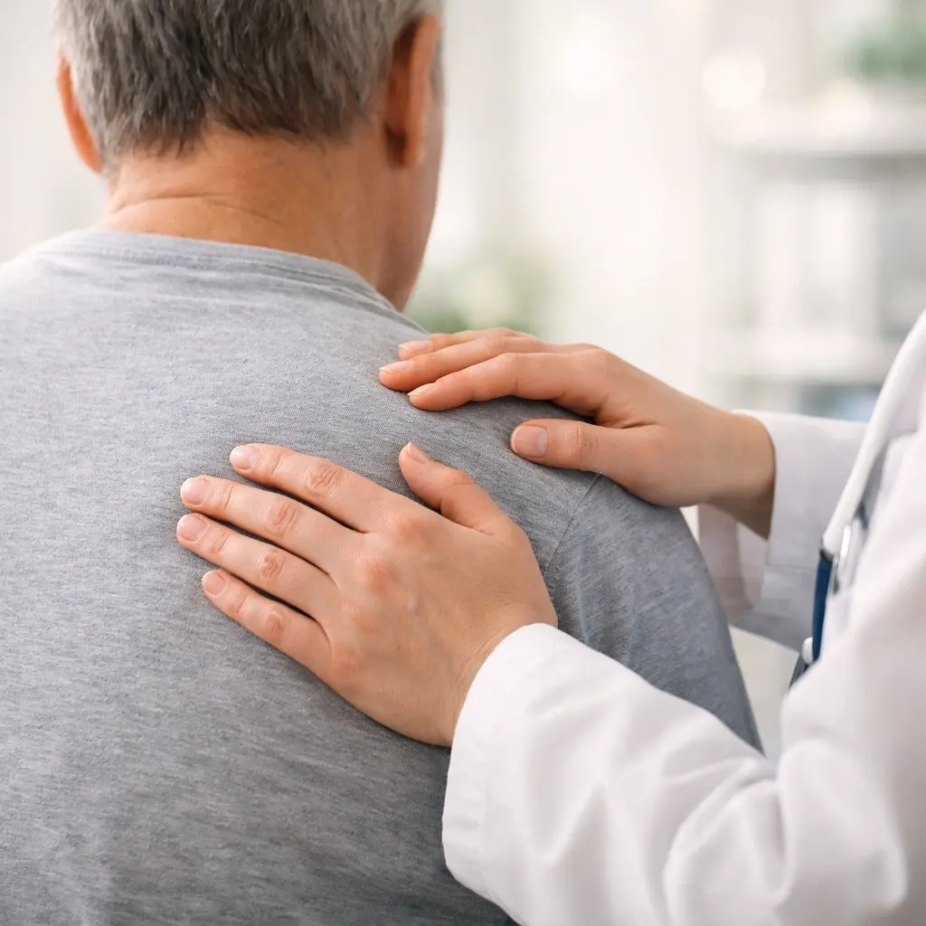 Patient managing pain with red light therapy