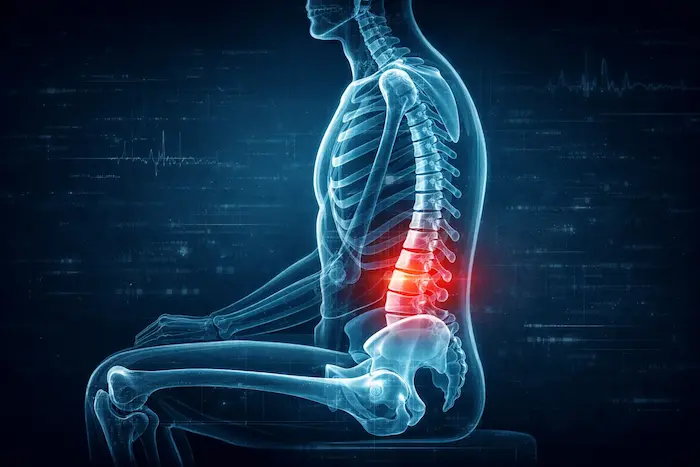 An anatomical X-ray style visualization of a human spine in a seated position, with a glowing cyan blueprint aesthetic and a red pain highlight on the lower lumbar discs.