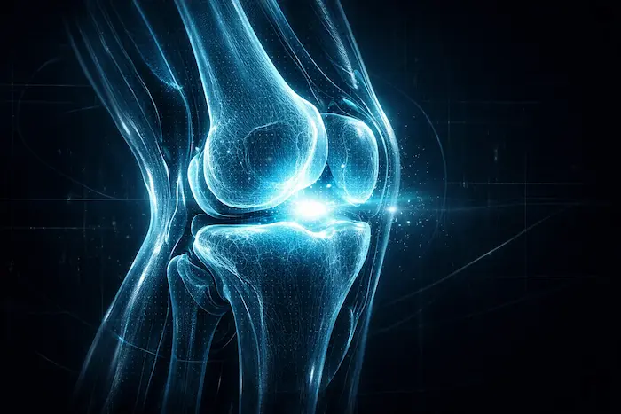 Medical visualization of a human knee joint with glowing highlights on cartilage and surrounding tissue, representing non-surgical treatment options.