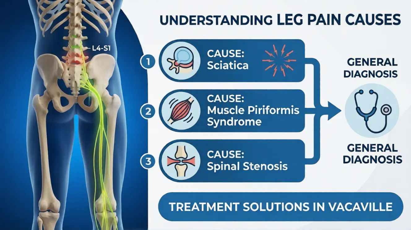 A medical infographic banner with a professional blue and white color scheme. The left side displays a detailed anatomy of the human spine and leg with the sciatic nerve pathway highlighted in glowing yellow-green. The right side features three sections with icons explaining causes: Sciatica (herniated disc), Muscle Piriformis Syndrome, and Spinal Stenosis, guiding the eye to Vacaville treatment solutions.