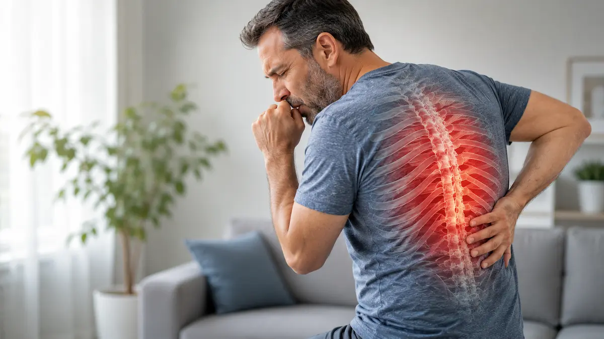 Man coughing while holding his lower and middle back with an overlay highlighting spine inflammation.