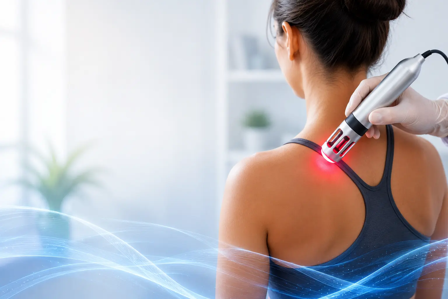 Cold laser therapy treatment session with a healthcare professional using a low-level laser device on a patient's neck.