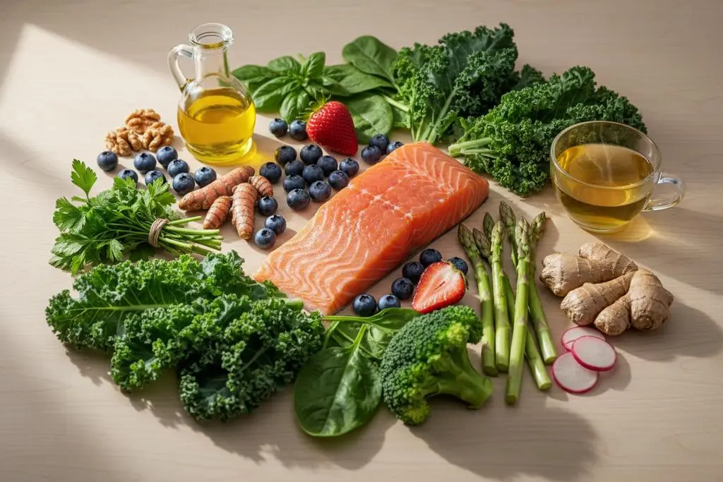 A flat-lay arrangement of healthy whole foods on a light wooden background, featuring a raw salmon fillet surrounded by kale, broccoli, spinach, asparagus, blueberries, strawberries, walnuts, turmeric, ginger, olive oil, and a cup of green tea.