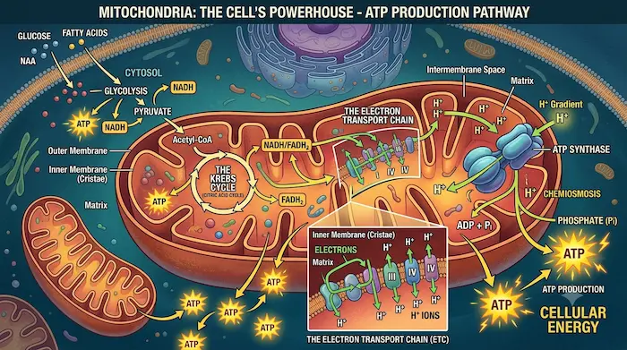 Illustration showing mitochondria producing cellular energy through ATP production