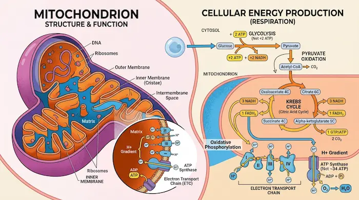 Diagram showing mitochondria structure and cellular energy production