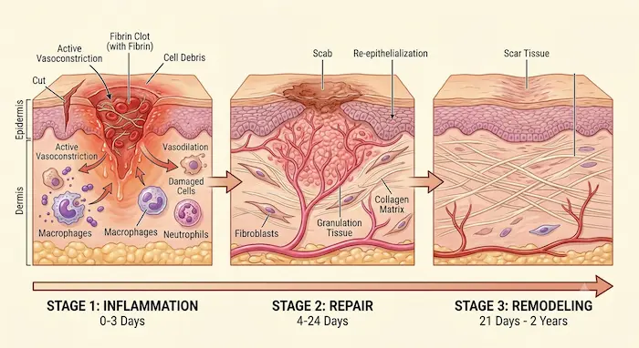 Illustration showing stages of healing including inflammation, repair, and remodeling
