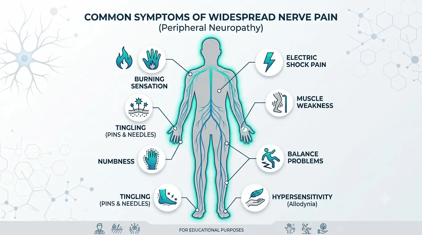 Common symptoms of widespread nerve pain including electric shock pain, burning sensation, muscle weakness, tingling, numbness, balance problems, and hypersensitivity.
