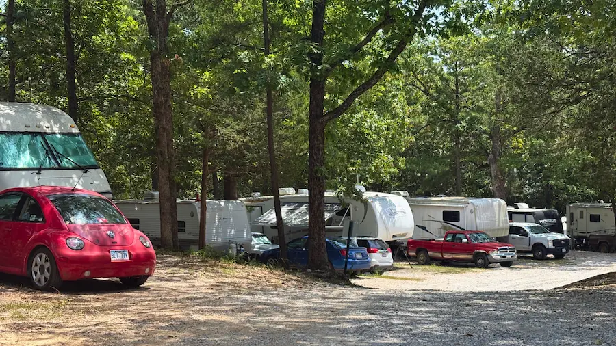 Shaded RV site with full hookups at Ozark RV Park in Mountain View, Arkansas