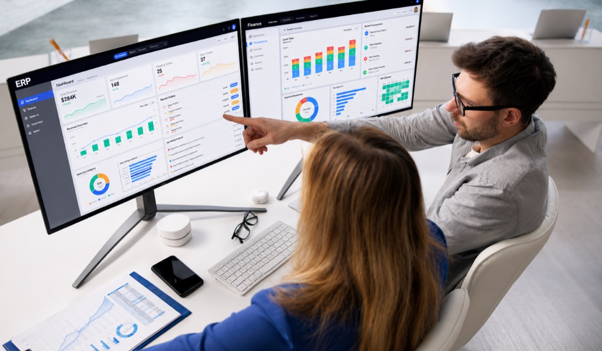 Finance and ERP dashboards reviewed on dual monitors