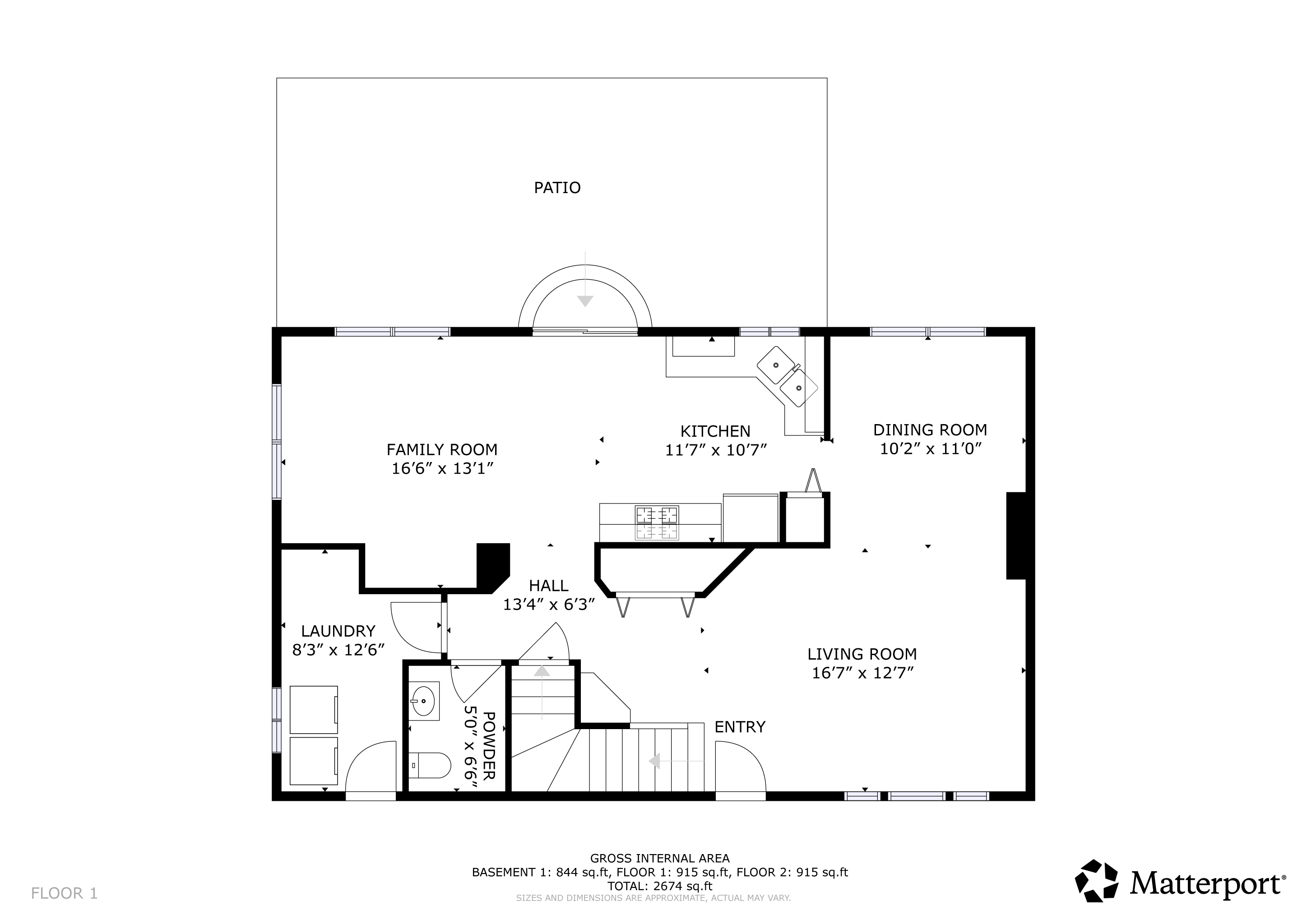 Main level floor plan: living room, dining room, kitchen, family room, laundry, powder room and patio