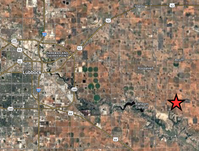 Map showing the Lubbock 11 Acres property east of Lubbock near Ransom Canyon and Roosevelt, Texas