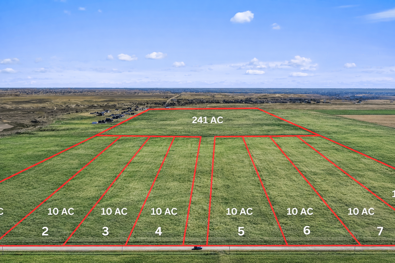 Aerial plat view of numbered 10-acre tracts outlined in red at Canyon Vista Estates near Canyon, Texas
