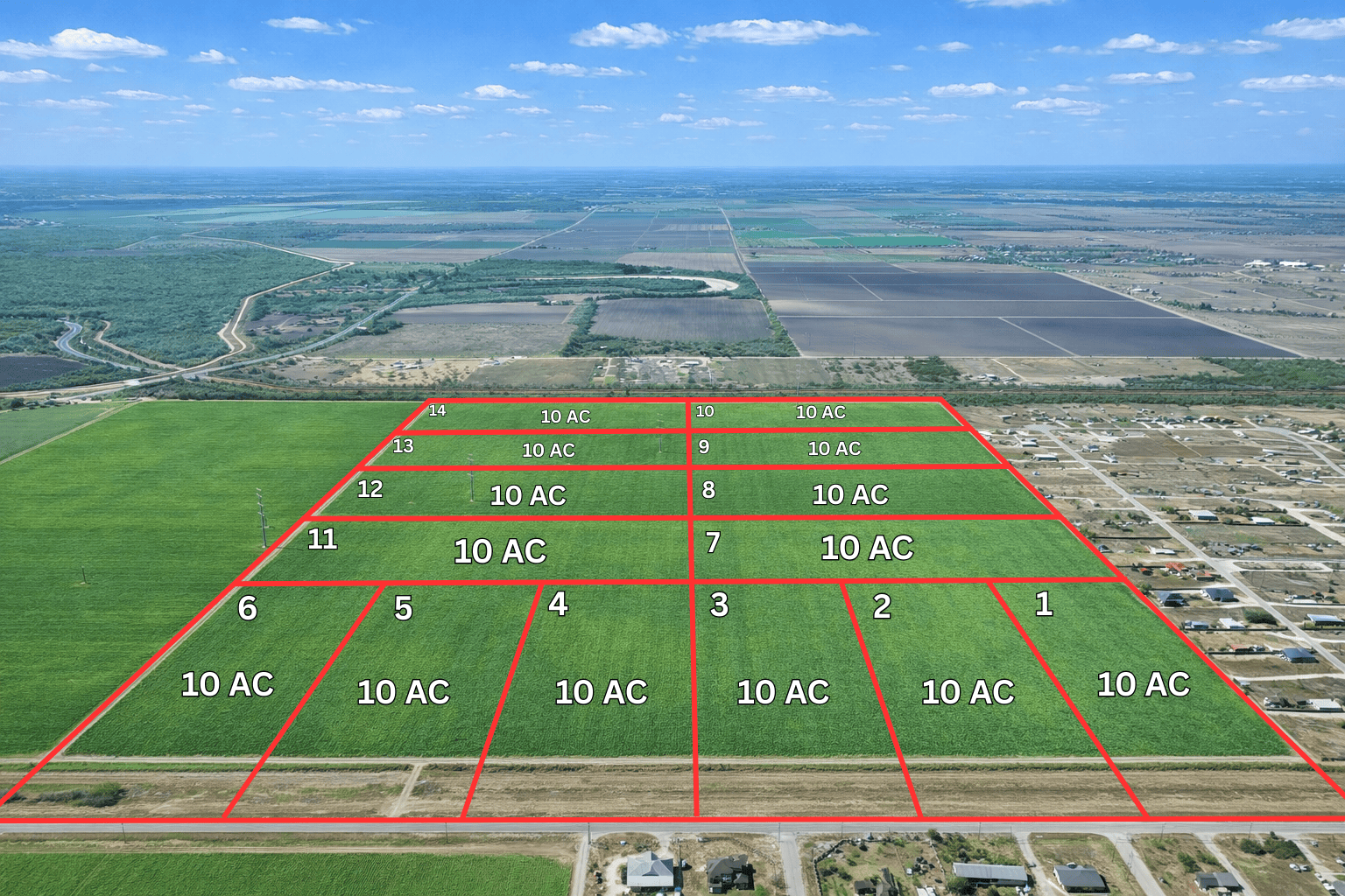 Aerial map of 10-acre tracts along paved FM 2556 at Rancho La Vista near La Feria, Texas