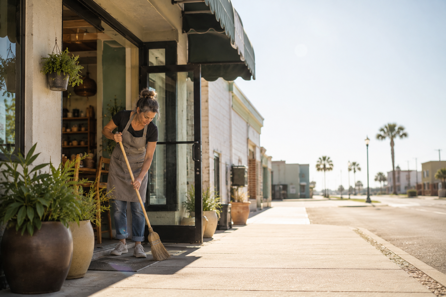A shop owner sweeping the entrance of her storefront on a bright morning