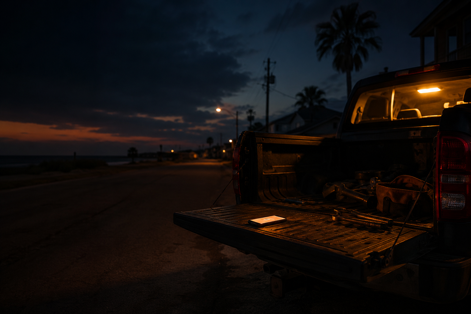 A contractor's truck parked at dusk with a phone lit up on the tailgate