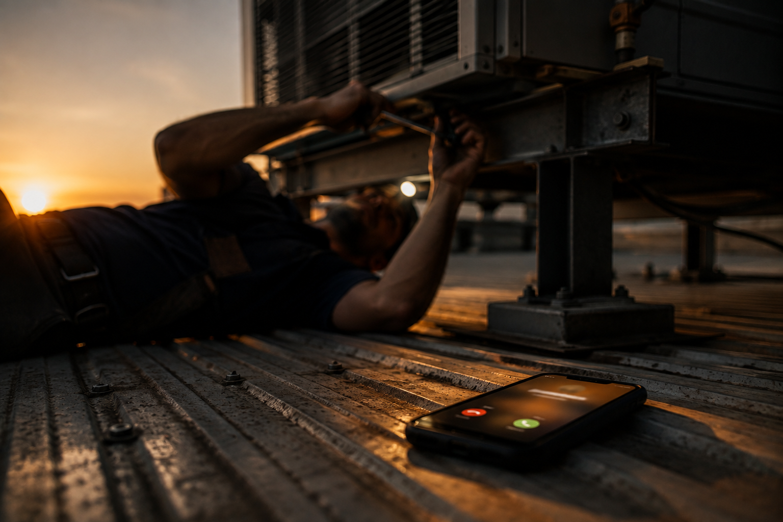 HVAC technician working under a rooftop unit while a call comes in on his phone