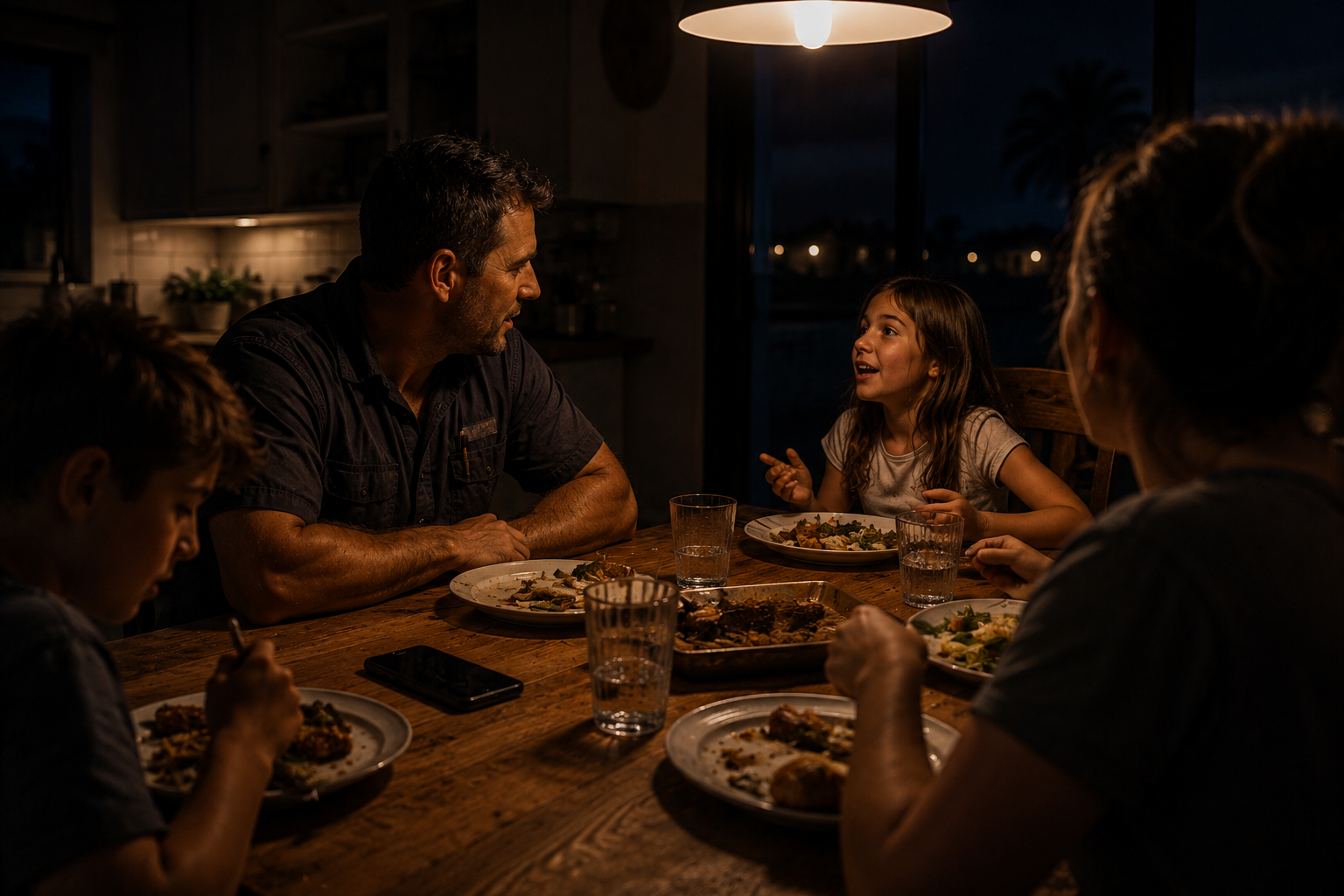 A business owner having dinner with his family while his phone stays face-down