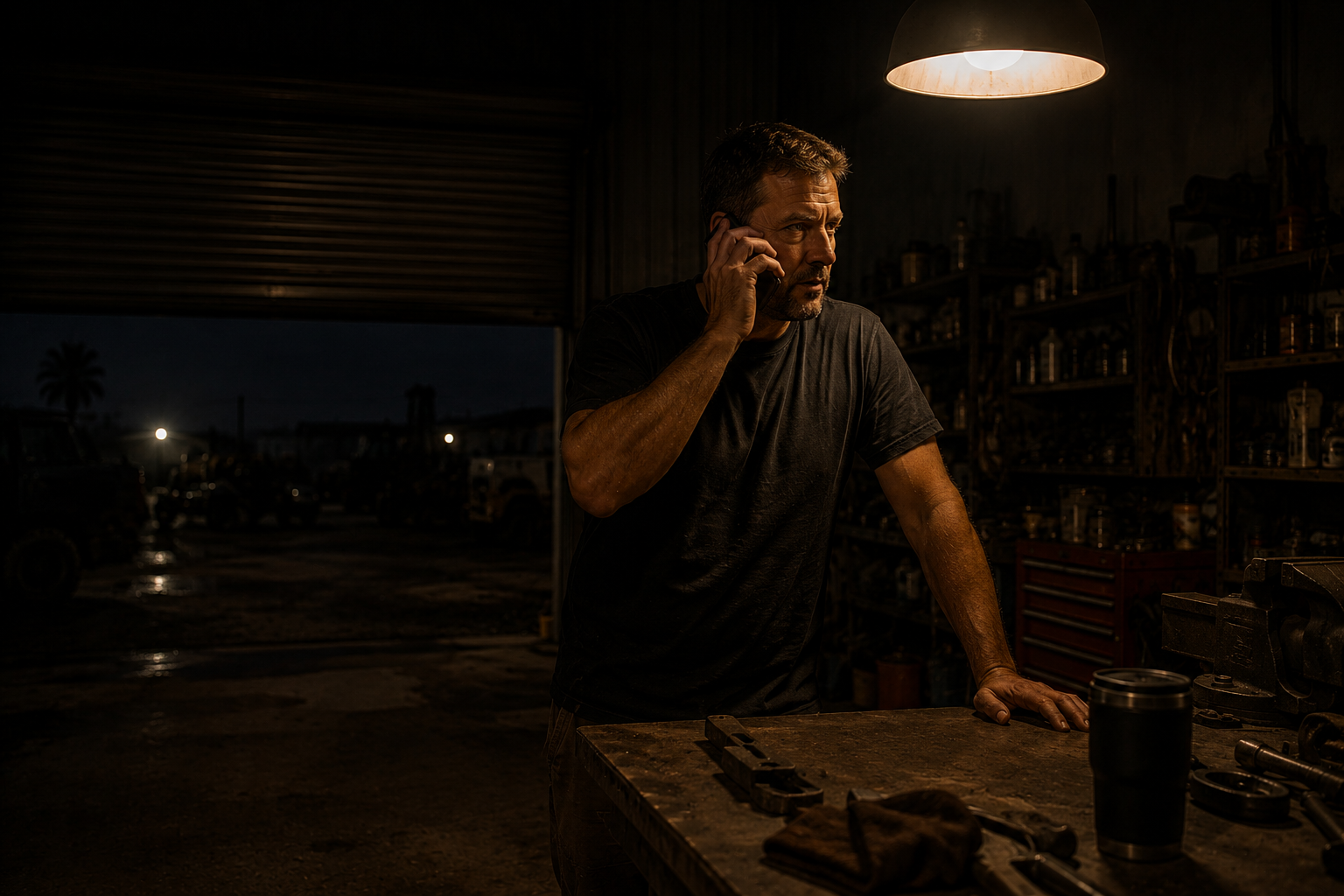A shop owner taking a customer call in his workshop after hours