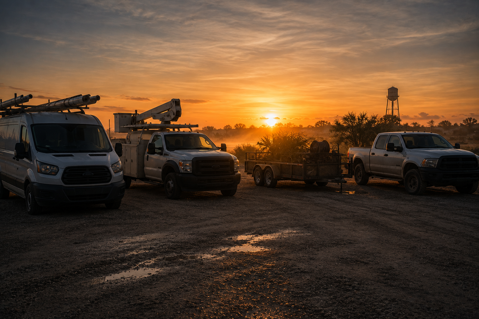 A row of local service vehicles parked in a yard at sunrise