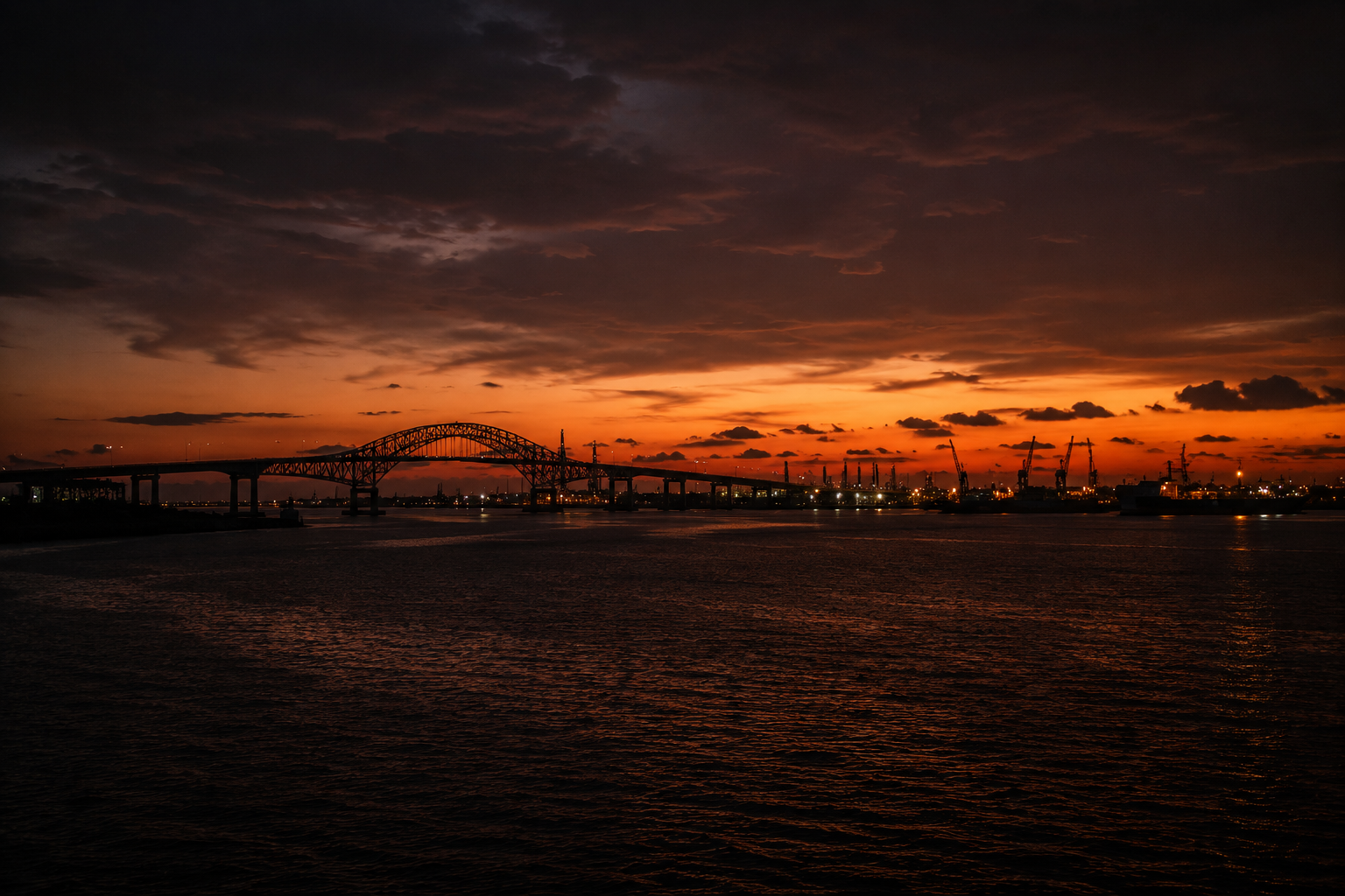 The Corpus Christi waterfront and harbor bridge at sunset