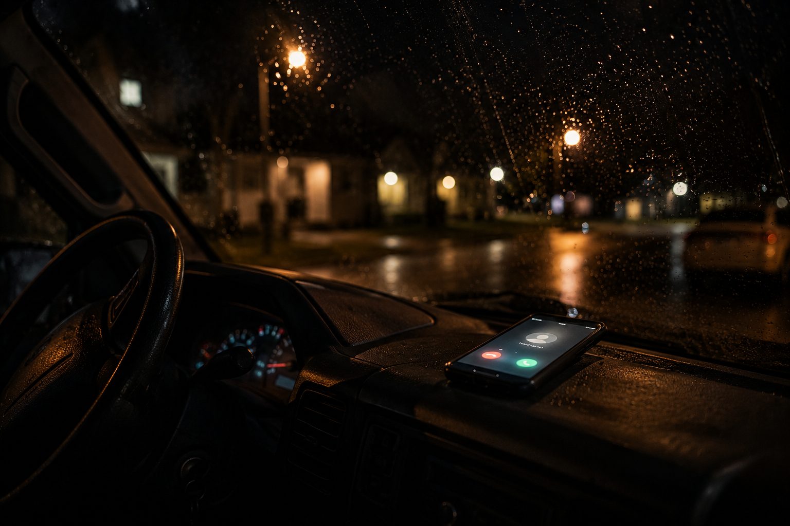 A phone ringing on a truck dashboard at night