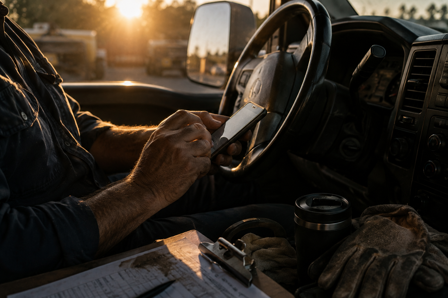 A tradesperson replying to a message from the cab of his truck