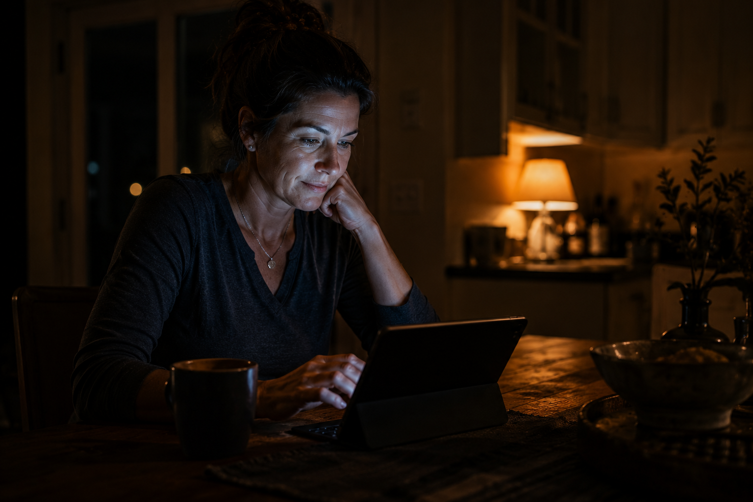 A business owner reviewing her customer conversations at the kitchen table