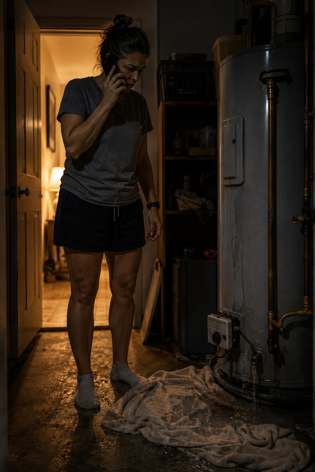 A homeowner calling for help beside a leaking water heater late at night