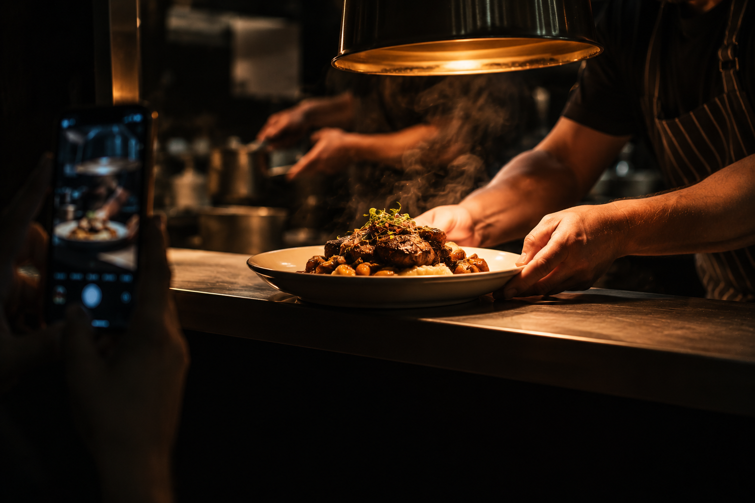 A plate going out under the heat lamp during dinner service