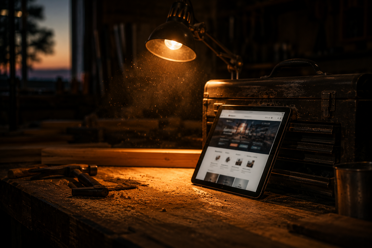 A tablet propped on a workbench in a woodshop at dusk