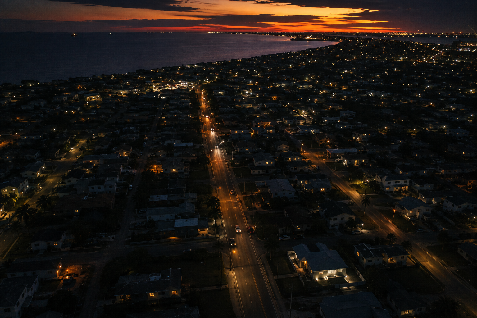 Aerial view of a Corpus Christi neighborhood at dusk