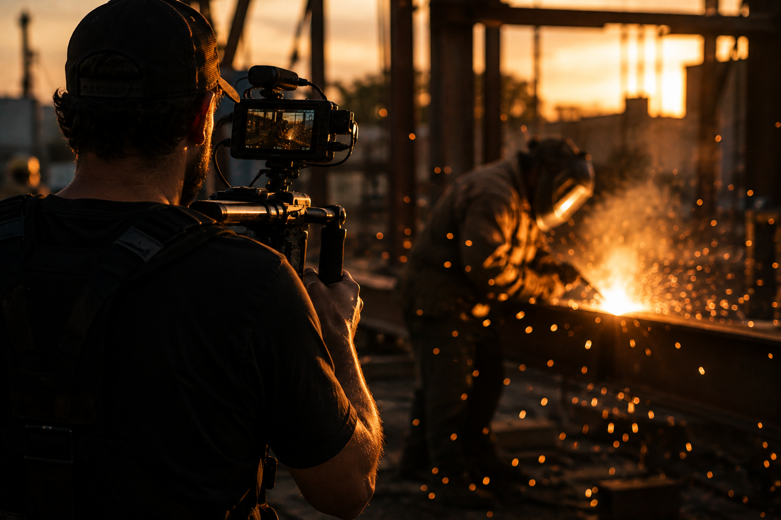 A videographer filming a welder at work on a job site