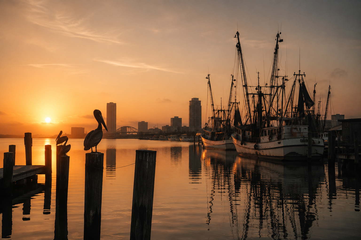 Fishing boats on the Corpus Christi bayfront at sunrise