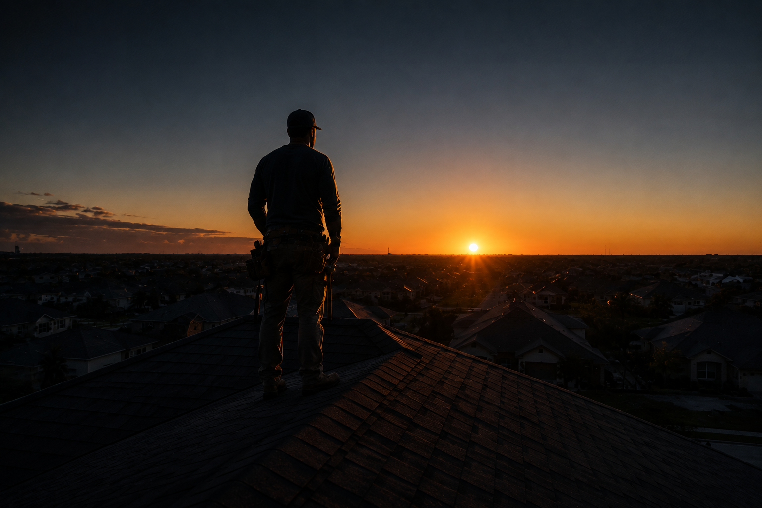 A roofer looking out over a neighborhood at sunrise