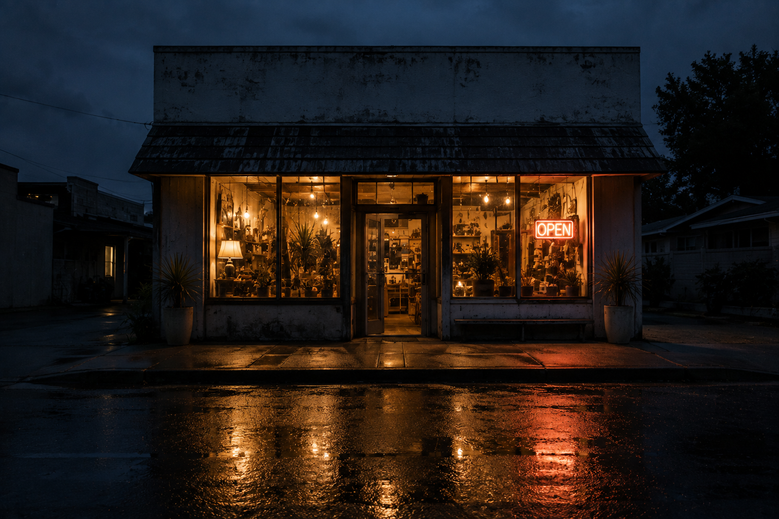 A local storefront lit up at dusk on an empty street