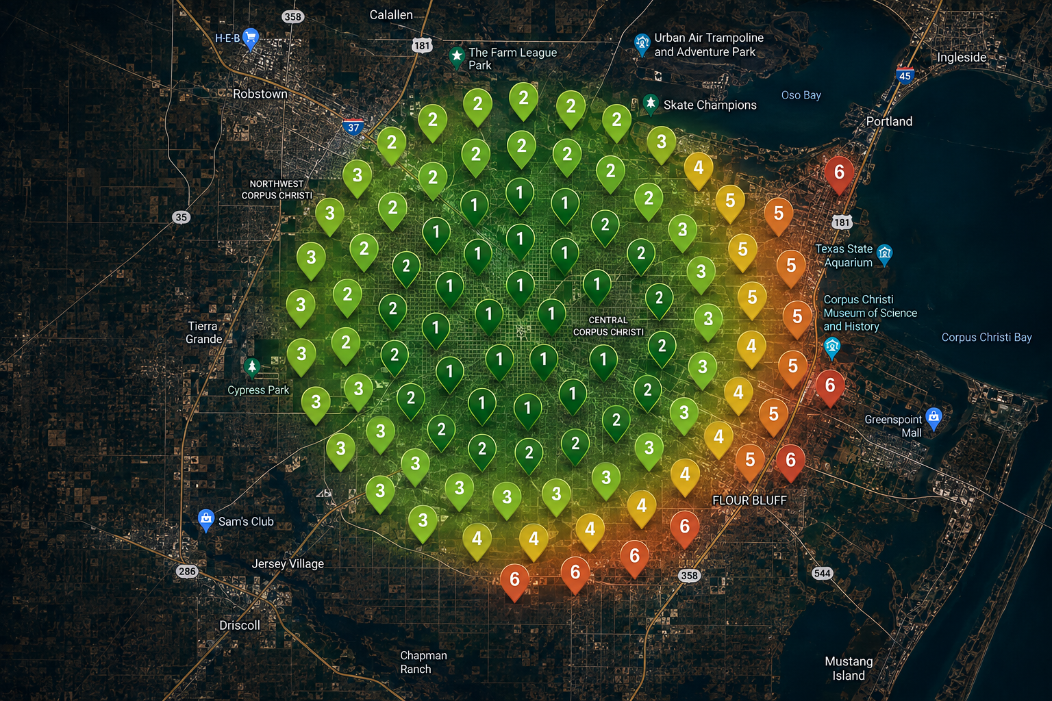 Map view of local business rankings across the Corpus Christi area