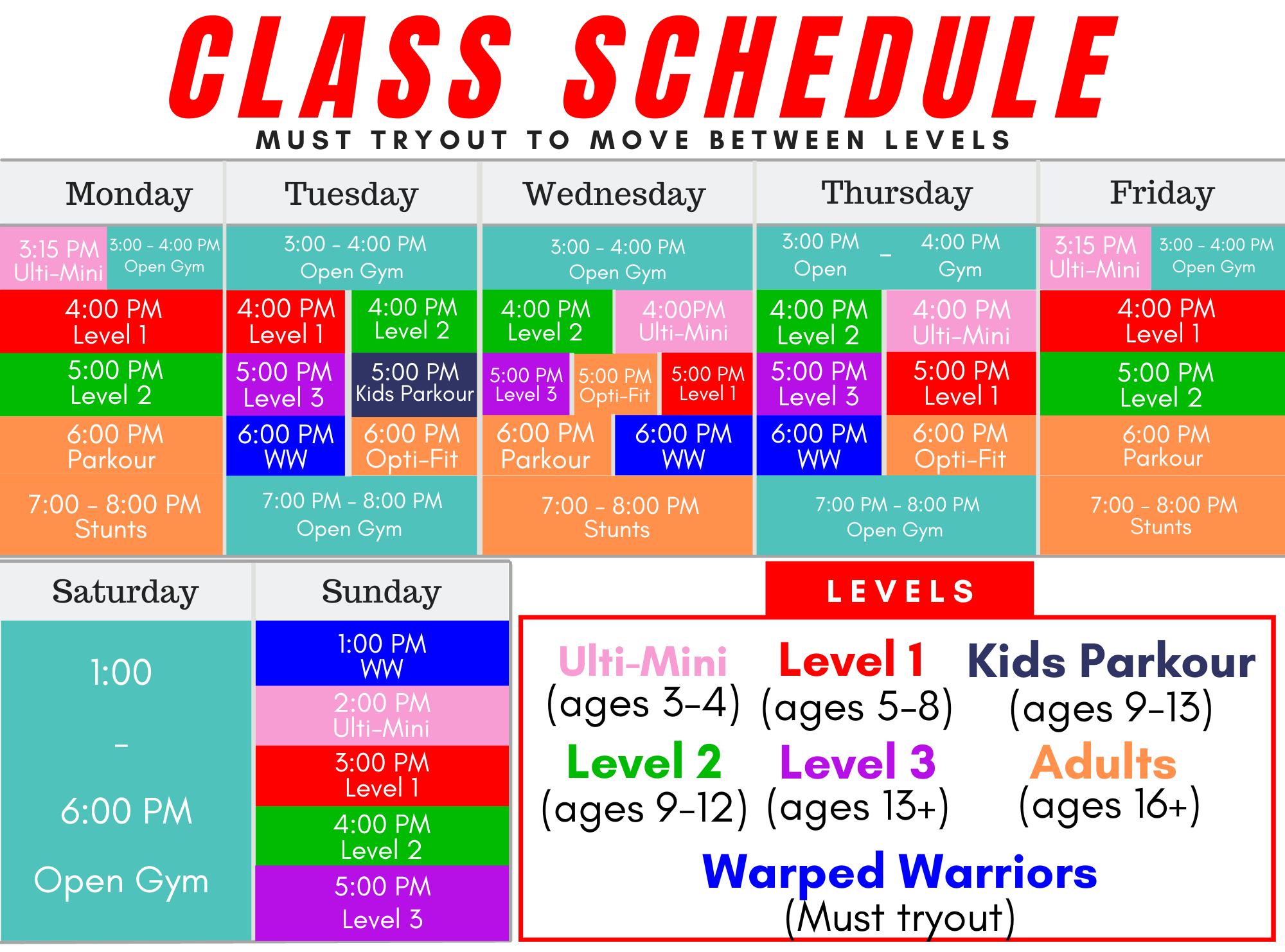 Ninja Gym Kids Schedule