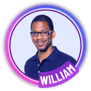 William Mapp — a smiling man in glasses and a navy polo shirt, inside a glowing pink-and-violet ring with his first name on a violet banner.